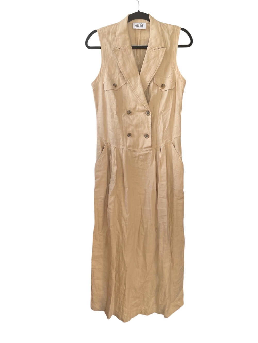 JEAN PAUL Vintage Linen Sleeveless Double-Breasted Camel Midi Dress 6